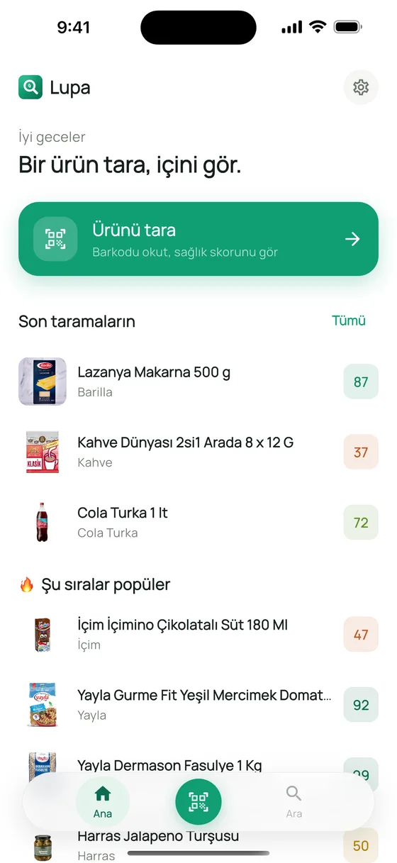 Lupa ana ekranı: ürünü tara butonu, son taramalar ve popüler ürünler