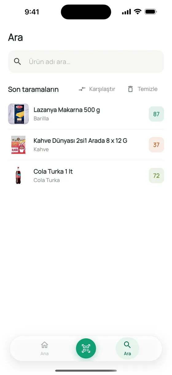 Lupa arama ekranı: ürün adıyla arama, son taramalar ve karşılaştırma